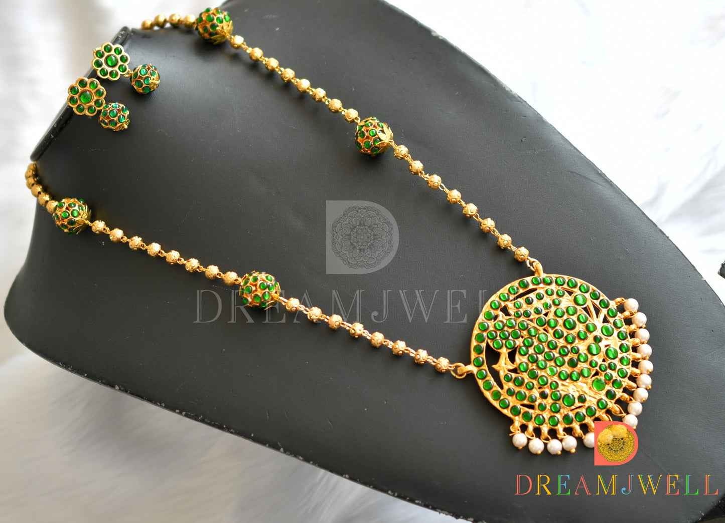 Gold tone green pearl Rudhra balls necklace set dj-20256