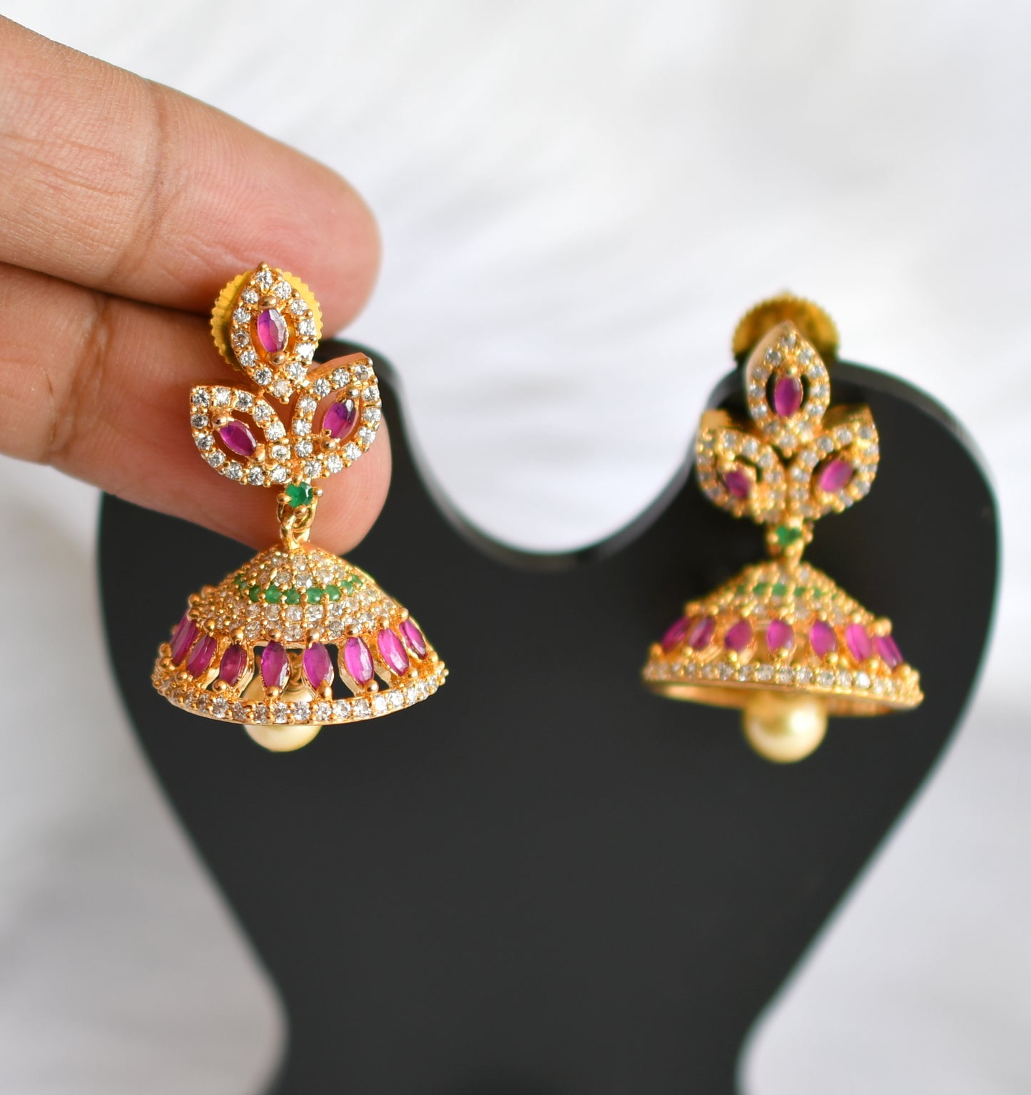 Gold tone cz ruby-green leaf Jhumkka dj-20995