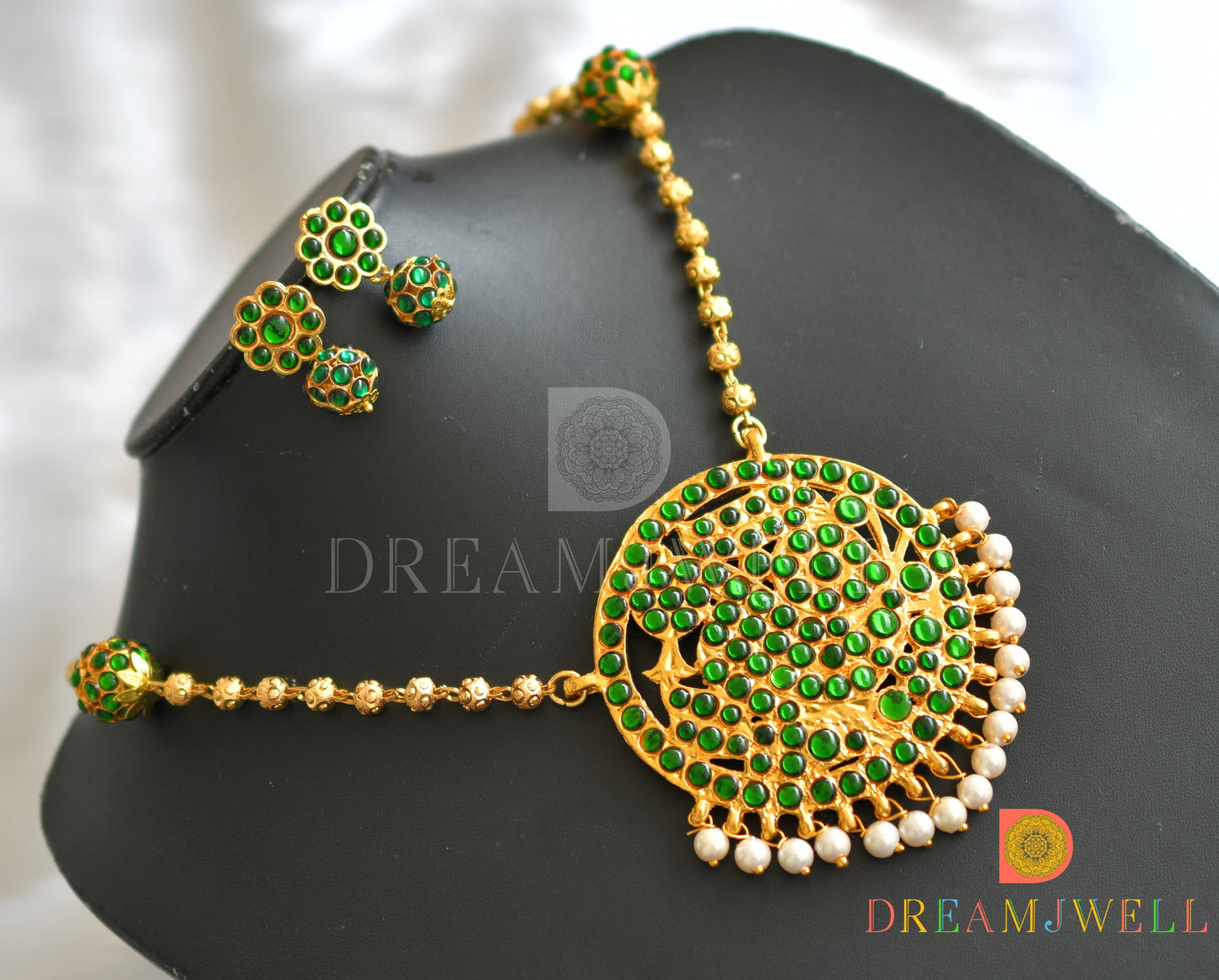 Gold tone green pearl Rudhra balls necklace set dj-20256