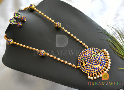 Gold tone blue-green Rudhra balls pearl necklace set dj-20255