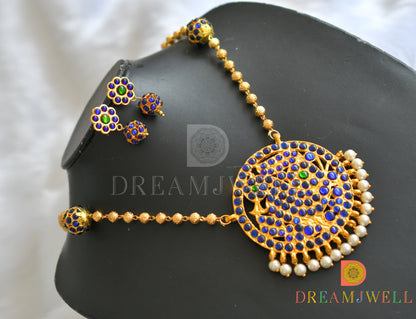 Gold tone blue-green Rudhra balls pearl necklace set dj-20255