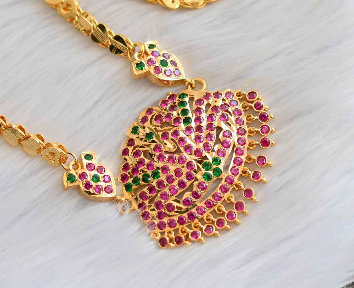 Gold tone ad pink-green stone south Indian swan pendant with chain dj-40914