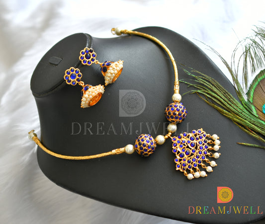 Gold tone blue rudhra balls designer necklace set dj-34655