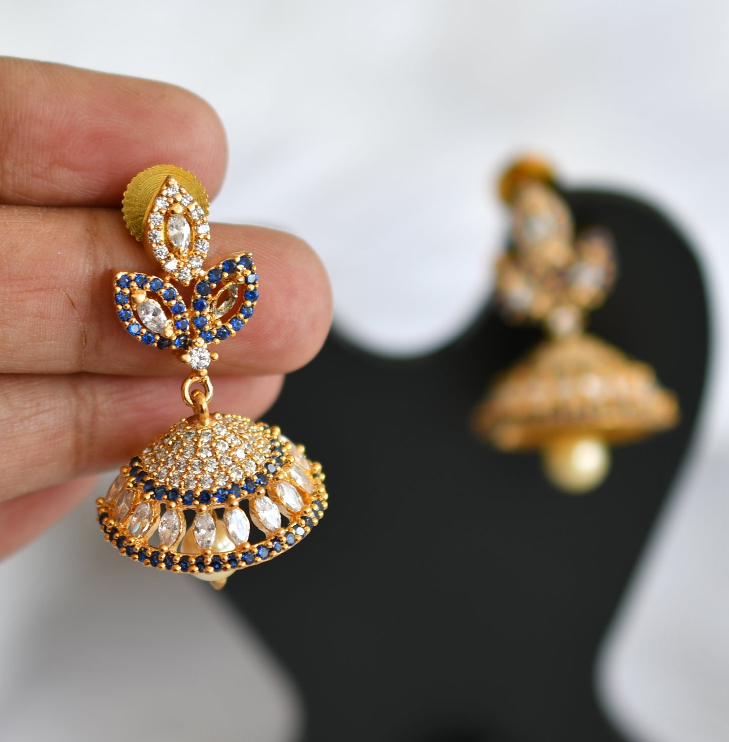 Gold tone cz blue-white Leaf Jhumkka dj-20996