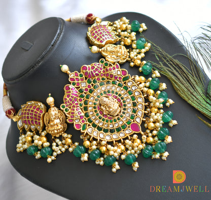 Gold tone pink-green-white kundan jadau Lakshmi-peacock necklace dj-37738