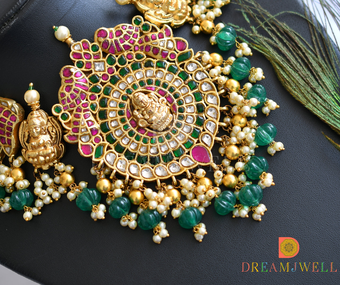 Gold tone pink-green-white kundan jadau Lakshmi-peacock necklace dj-37738