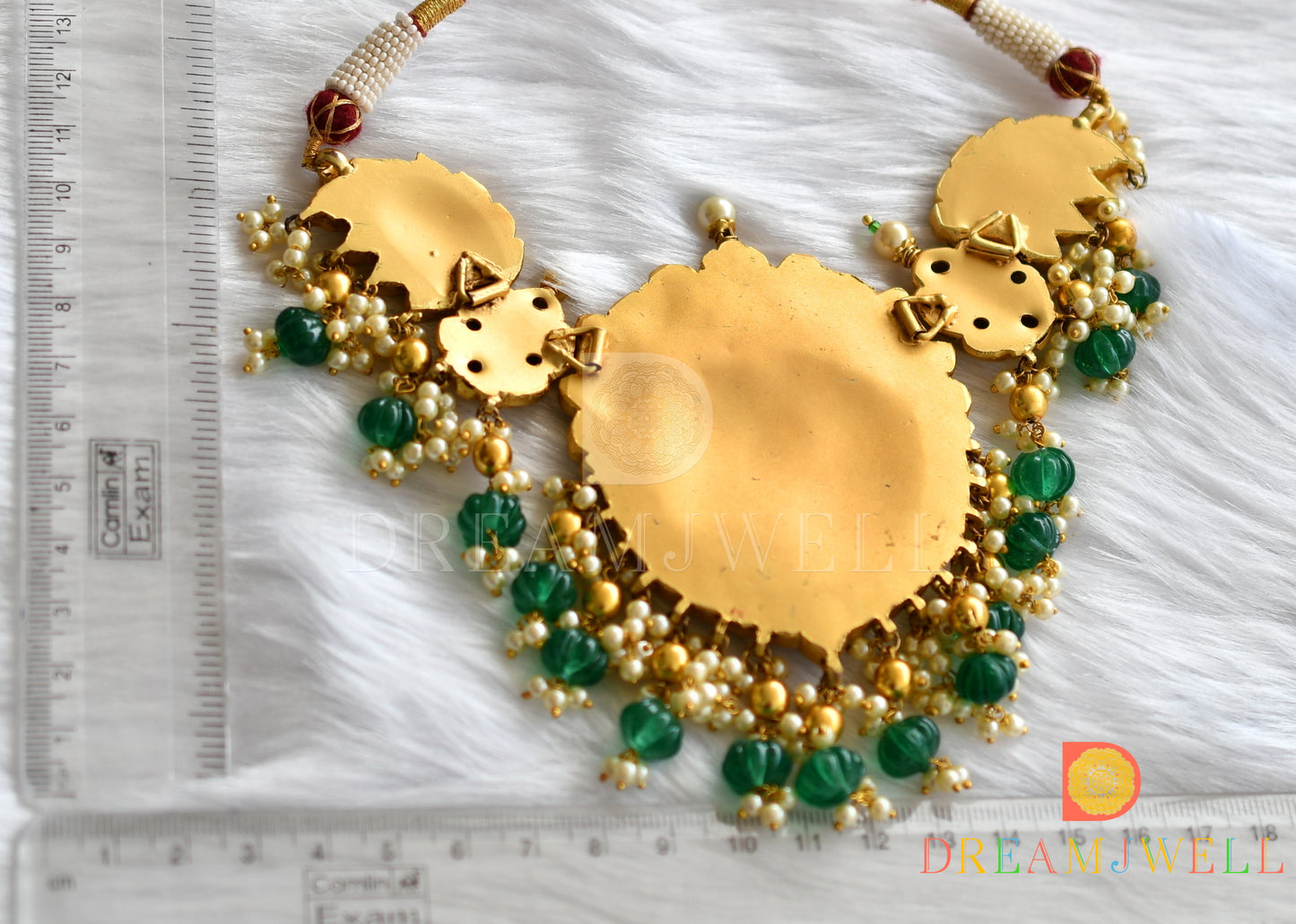 Gold tone pink-green-white kundan jadau Lakshmi-peacock necklace dj-37738