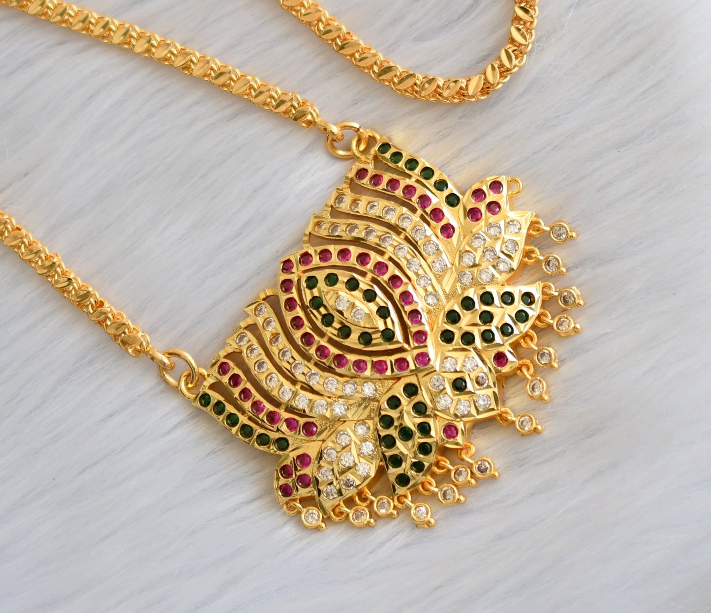 Gold tone ruby-white-green Lotus South Indian pendant with chain dj-40900