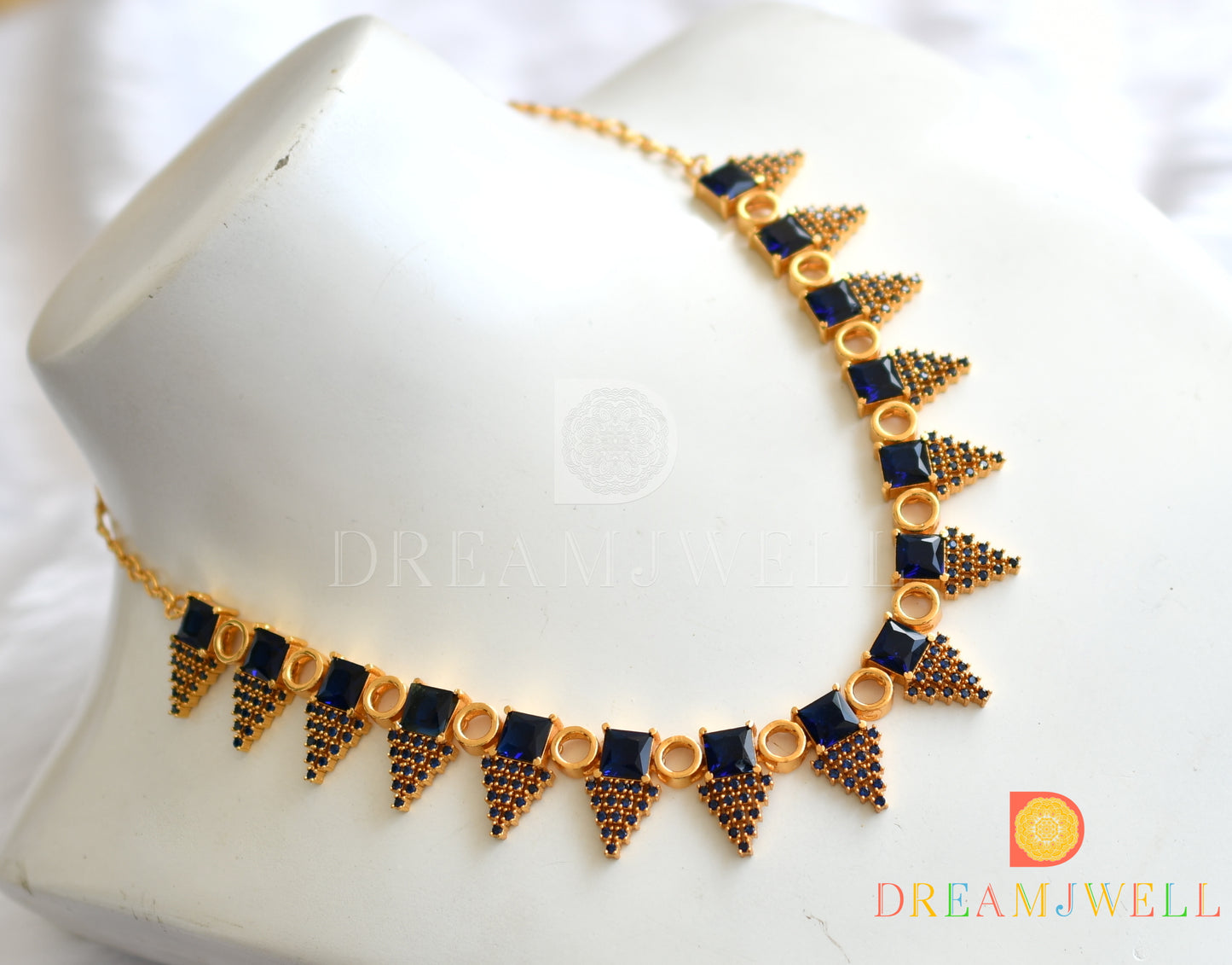 Gold tone blue square stone round necklace dj-37733