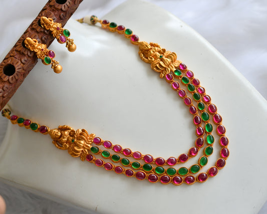 Matte finish Lakshmi mugappu kemp-green necklace set dj-12966