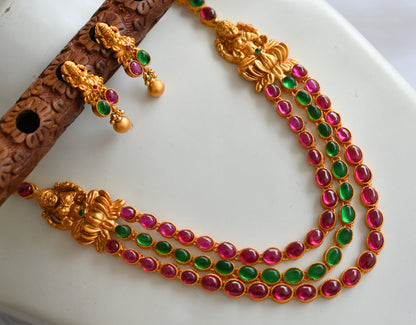 Matte finish Lakshmi mugappu kemp-green layer necklace set dj-12966