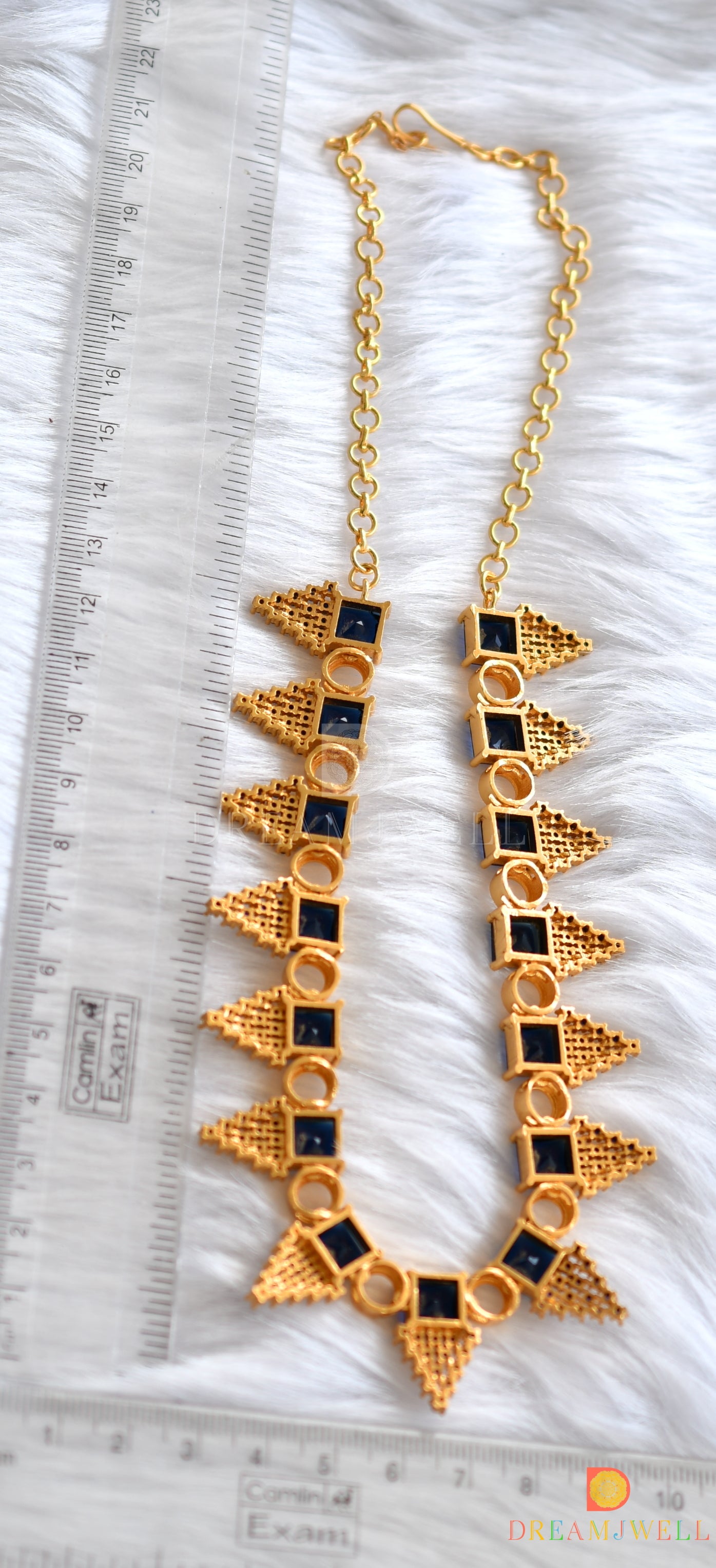 Gold tone blue square stone round necklace dj-37733