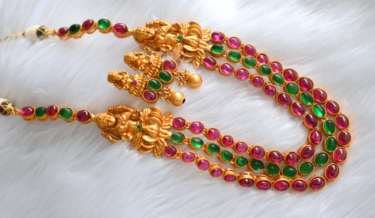 Matte finish Lakshmi mugappu kemp-green layer necklace set dj-12966