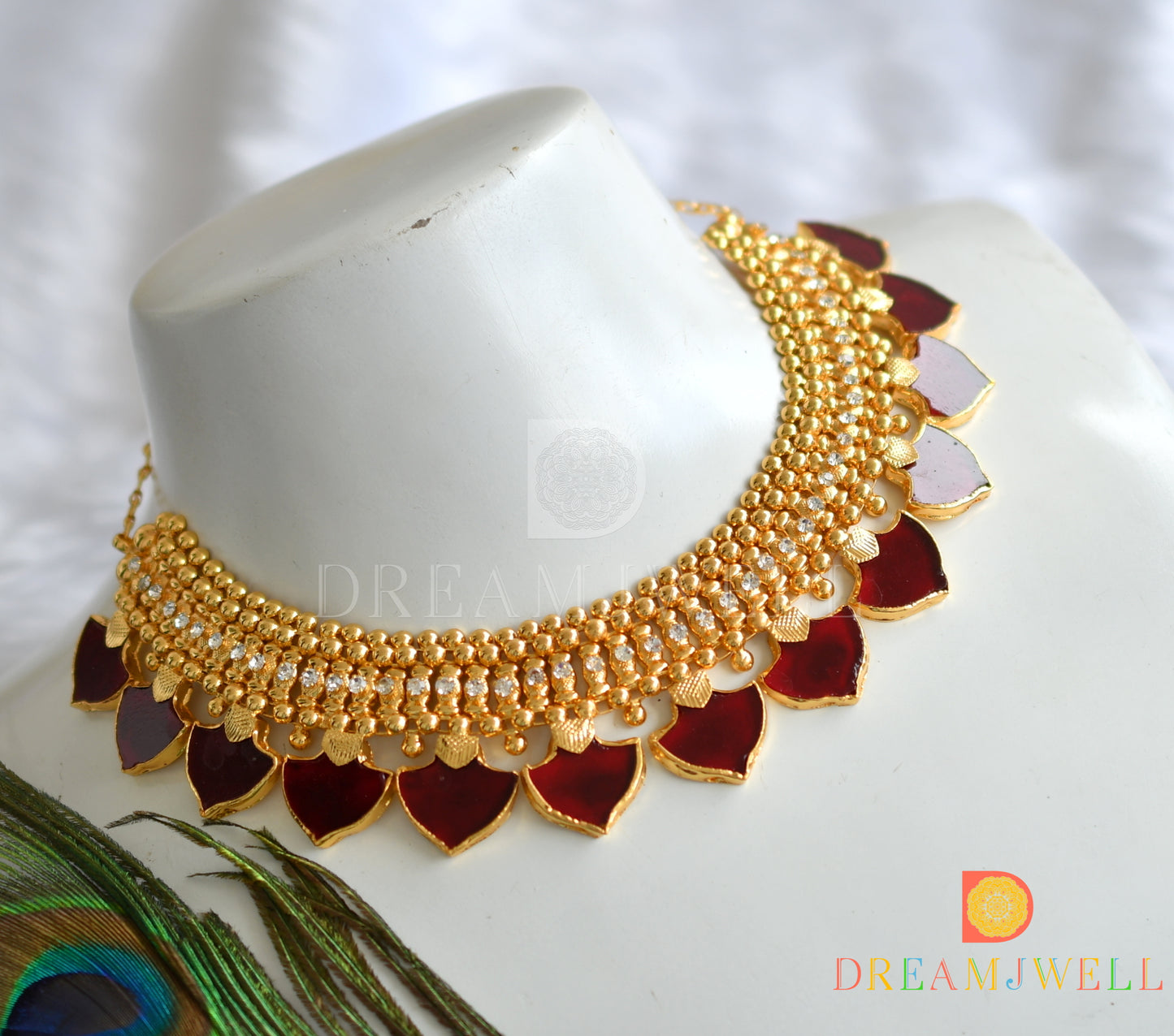 Gold tone white stone red palakka kerala style necklace dj-37721