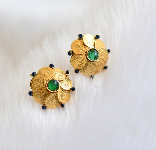 Antique gold tone blue-green Lakshmi coin earrings dj-39316