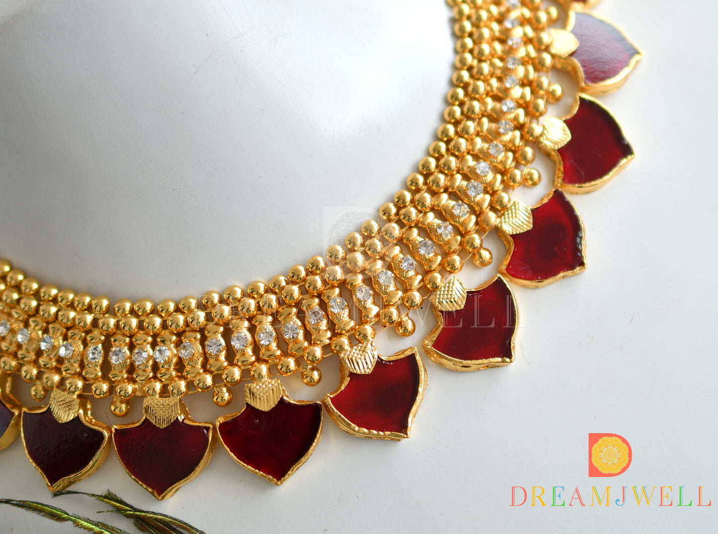 Gold tone white stone red palakka kerala style necklace dj-37721