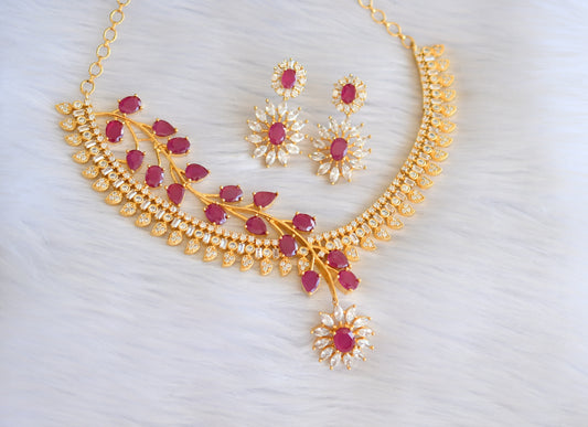 Gold tone cz ruby-white leaf necklace set dj-19420