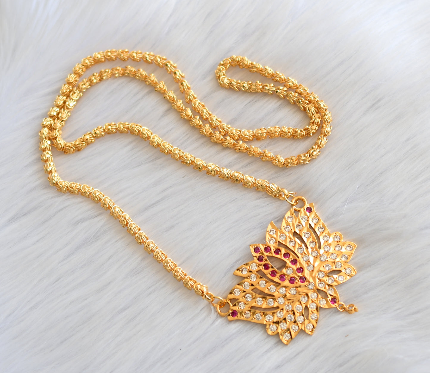 Gold tone white-ruby stone Lotus South Indian pendant with chain dj-40903