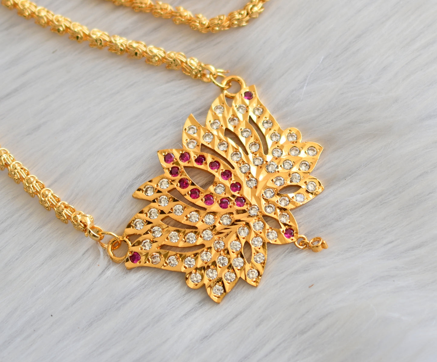Gold tone white-ruby stone Lotus South Indian pendant with chain dj-40903