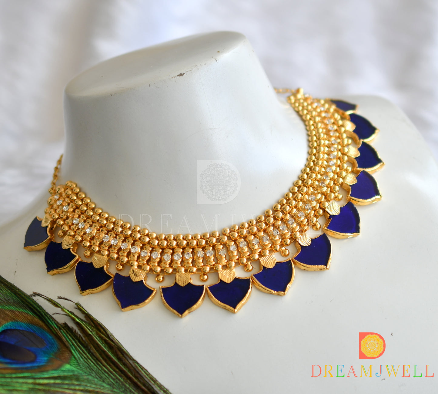 Gold tone white stone blue palakka kerala style necklace dj-37723
