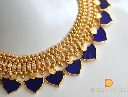 Gold tone white stone blue palakka kerala style necklace dj-37723