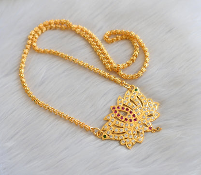 Gold tone white-ruby-green stone Lotus South Indian pendant with chain dj-40904