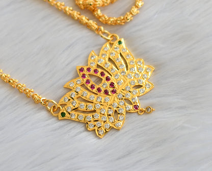 Gold tone white-ruby-green stone Lotus South Indian pendant with chain dj-40904