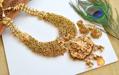 Matte finish Ganesha-peacock gold cluster haar set dj-36214