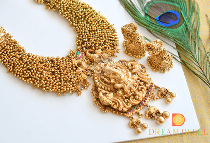 Matte finish Ganesha-peacock gold cluster haar set dj-36214