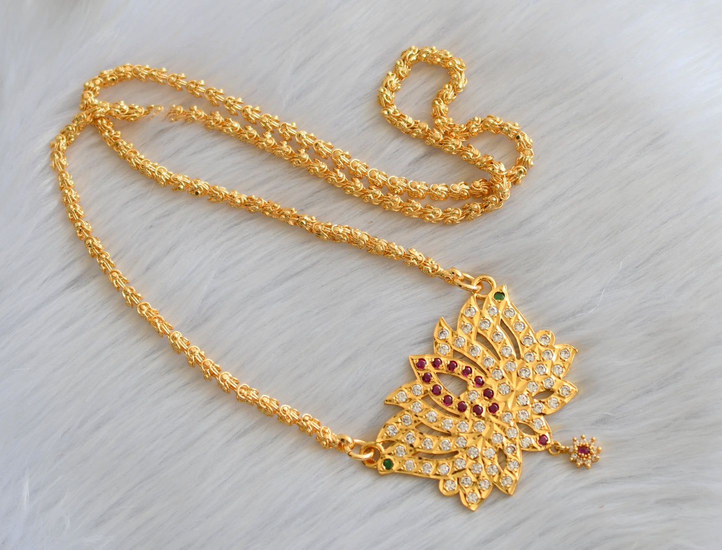 Gold tone white-ruby-green stone Lotus South Indian pendant with chain dj-40905
