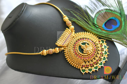 Gold tone pink stone Lakshmi pendant Kerala style green palakka necklace dj-37724