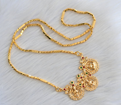 Gold tone ruby-green-white stone South Indian Lakshmi Pendant with chain dj-40908