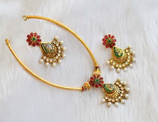 Gold tone kemp-green flower hand made necklace set dj-39301