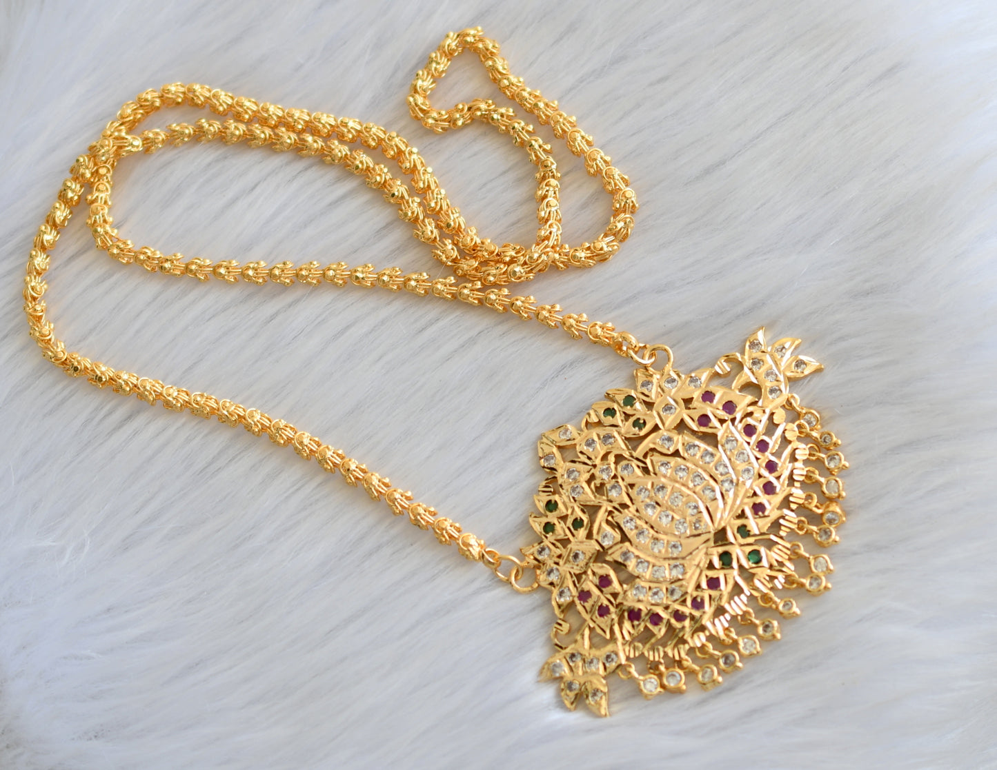 Gold tone white-ruby-green stone Lotus South Indian pendant with chain dj-40907