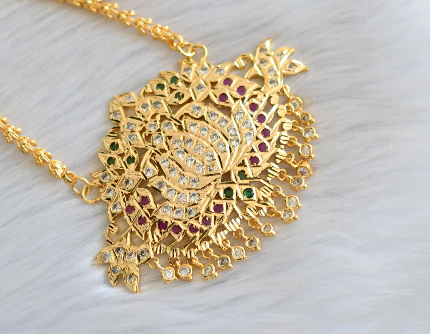 Gold tone white-ruby-green stone Lotus South Indian pendant with chain dj-40907