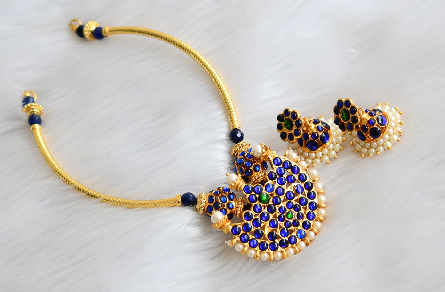 Gold tone blue-green moon necklace set dj-19082