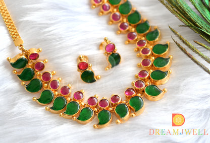 Gold tone kerala style real kemp-green mango necklace set dj-37729