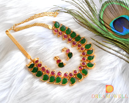 Gold tone kerala style real kemp-green mango necklace set dj-37729