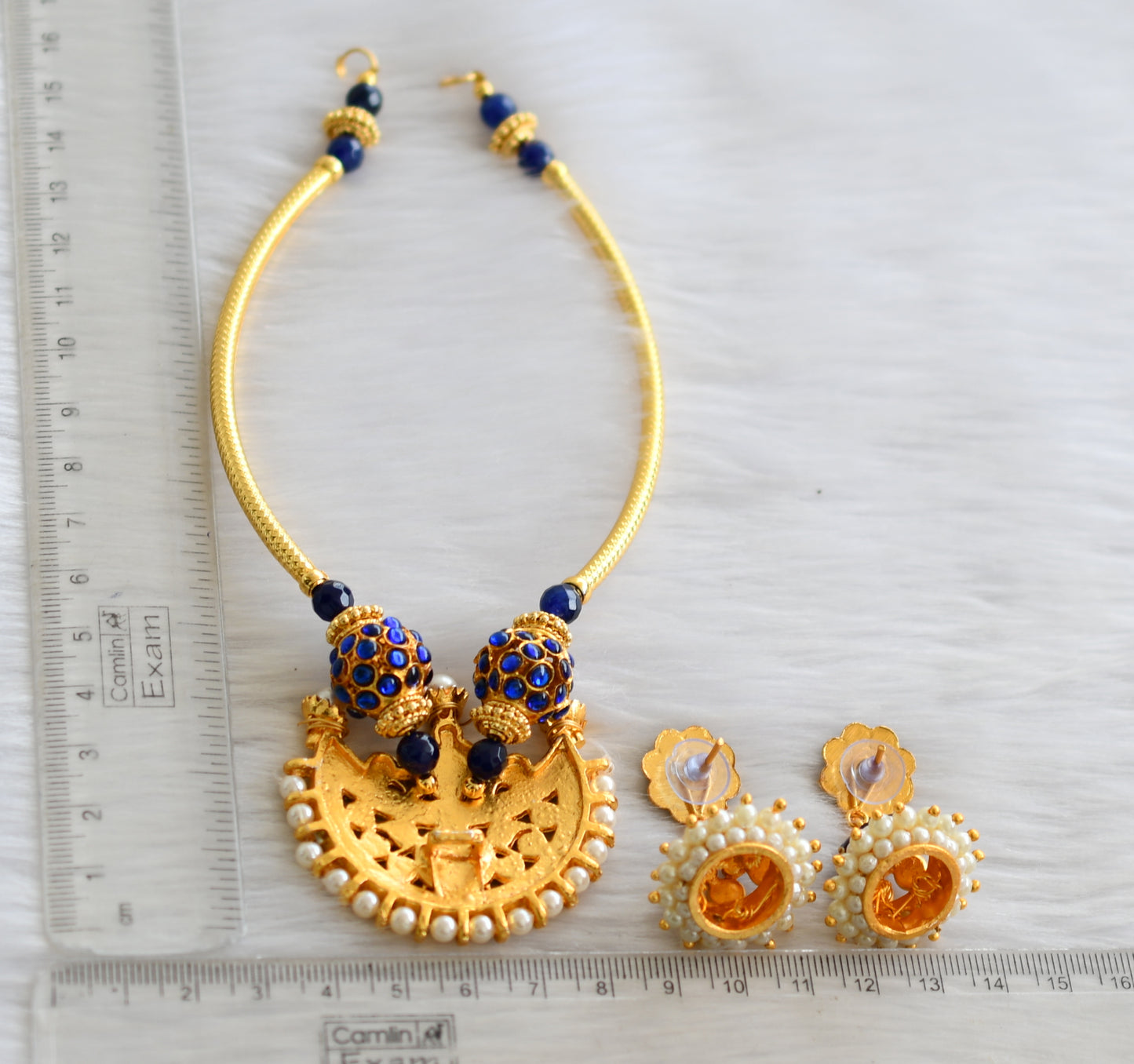 Gold tone blue-green moon necklace set dj-19082