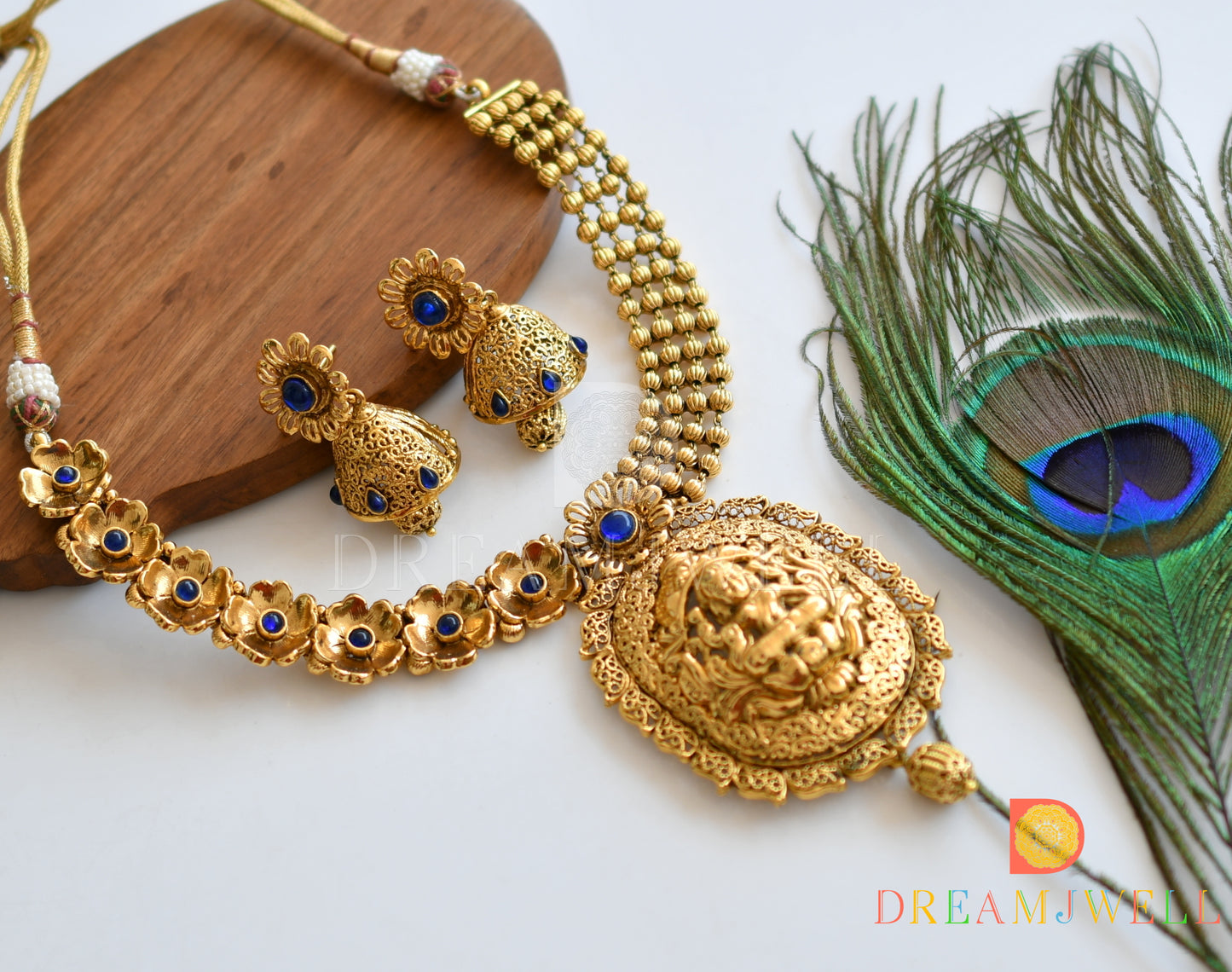 Antique gold tone Blue Lakshmi Necklace Set dj-05412