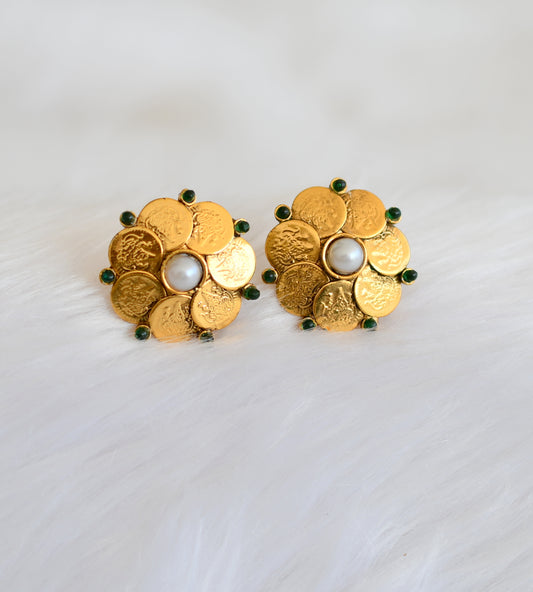 Antique gold tone peral-green Lakshmi coin earrings dj-39319