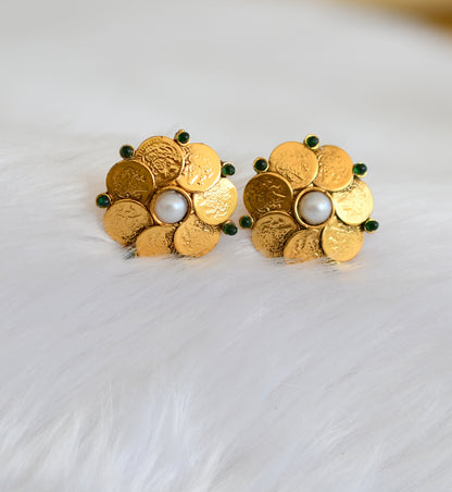Antique gold tone peral-green Lakshmi coin earrings dj-39319
