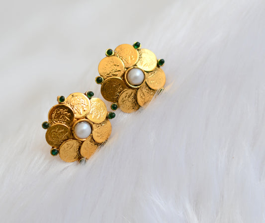 Antique gold tone peral-green Lakshmi coin earrings dj-39319