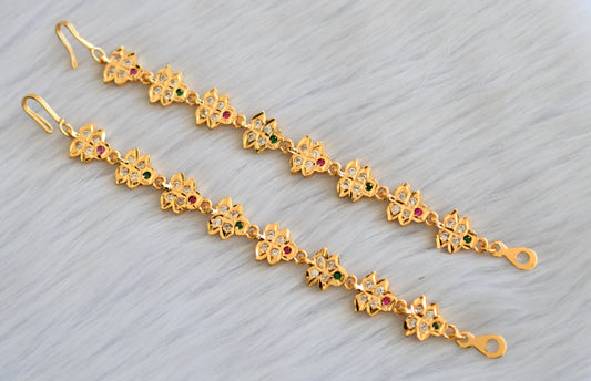 Gold tone ruby-white-green earrings side chain dj-40888