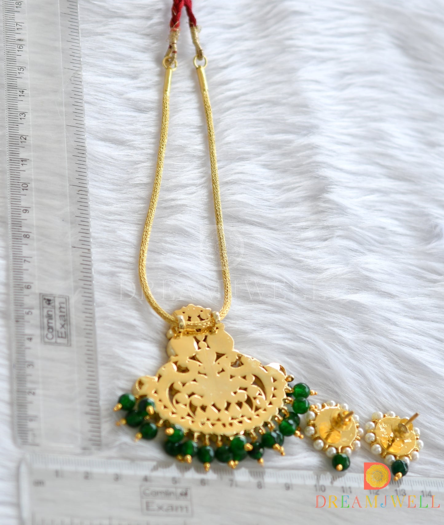 Gold finish real kemp green temple necklace set dj-31239