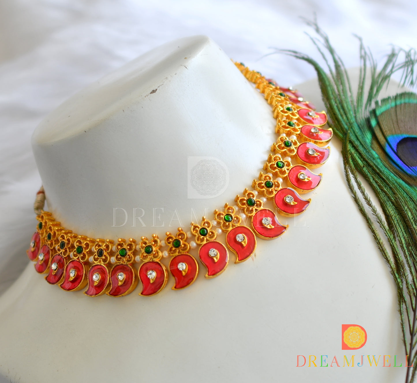 Gold tone red-green mango designer necklace dj-34557