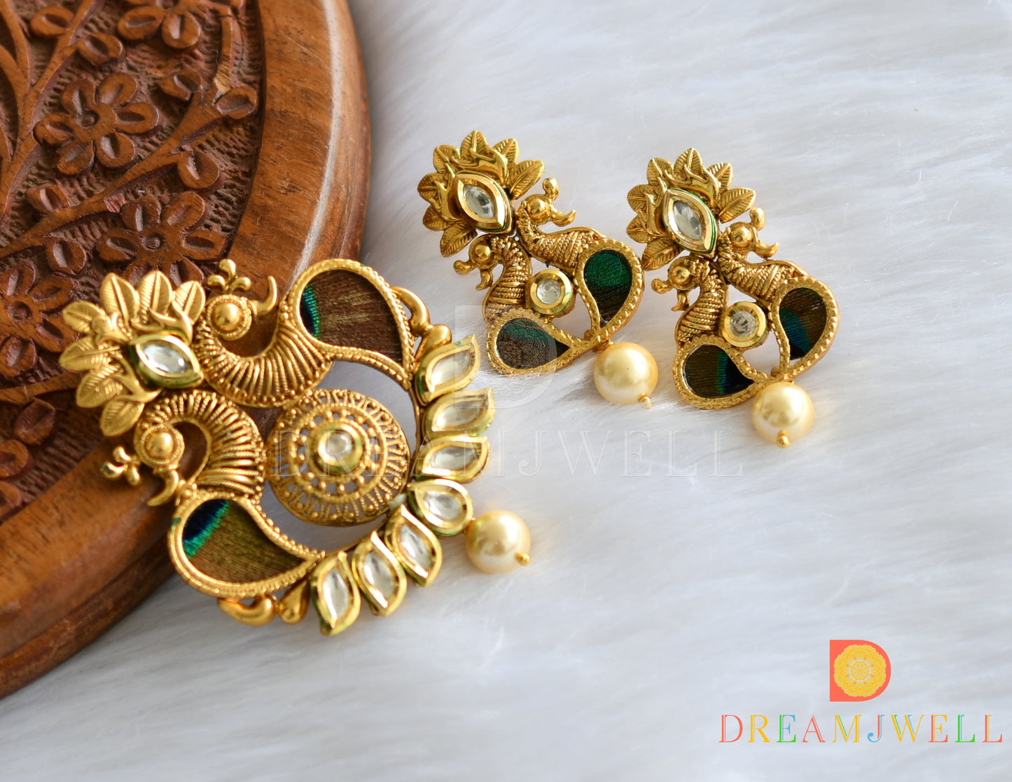 Antique gold tone real peacock feather kundan pendant set dj-01820