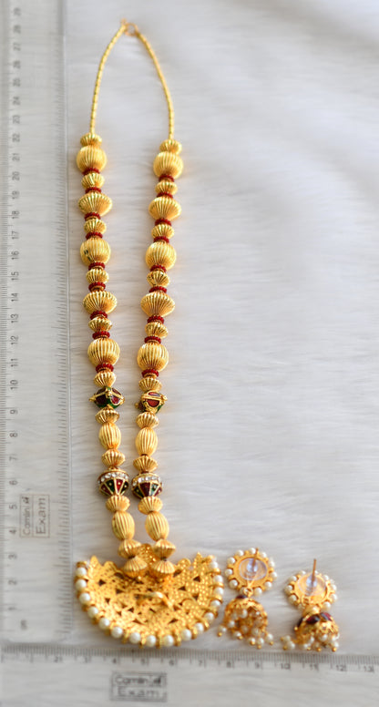 Gold tone kemp-green moon meenakari beaded necklace set dj-15803