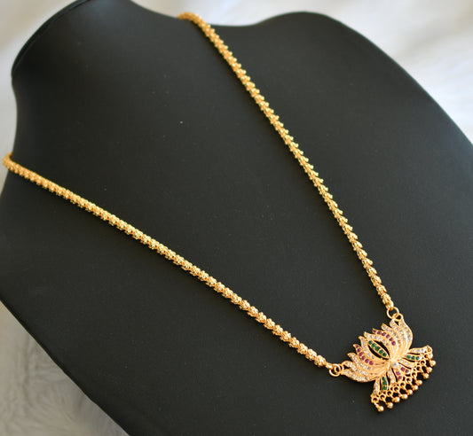 Gold tone ruby-green-white stone Lotus pendant with chain dj-40894