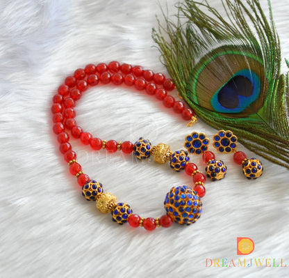 Gold tone ruby-agates blue Rudhra balls necklace set dj-24390